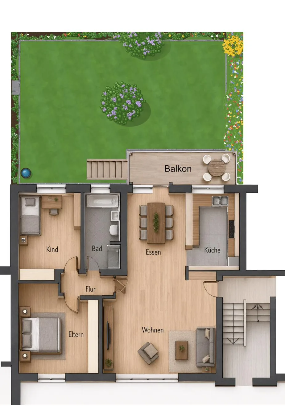 Grundriss der Wohnung im Hochparterre