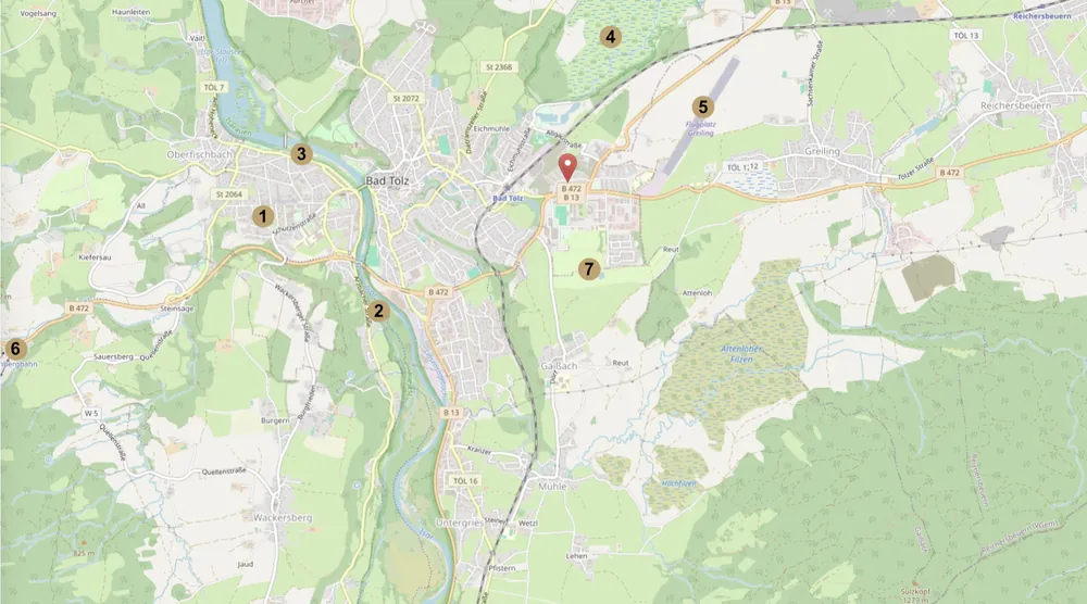 Karte der Naherholungsziele im 10-km-Umkreis von Bad Tölz