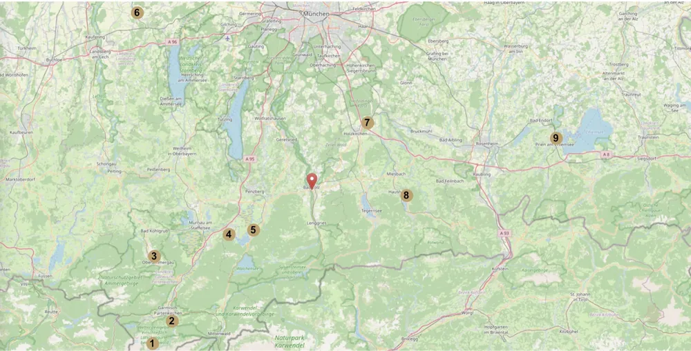 Karte mit Ausflugszielen im Umkreis von rund 100 km um Bad Tölz